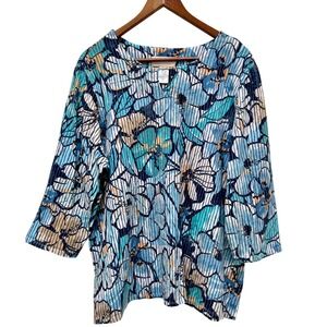 Alfred Dunner Women's Blue Floral Print 3/4 Sleeve V-Neck Top with Embellishment